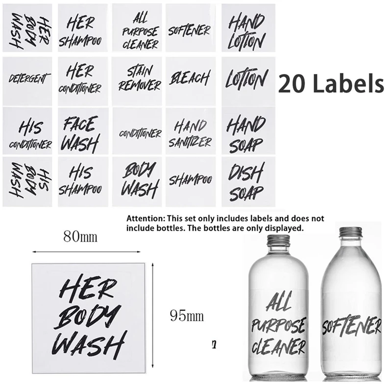 20pcs Soap Dispenser Waterproof Transparent Sticker Bathroom Jar Storage Label Shower Shampoo Lotion Conditioner Bottle Stickers