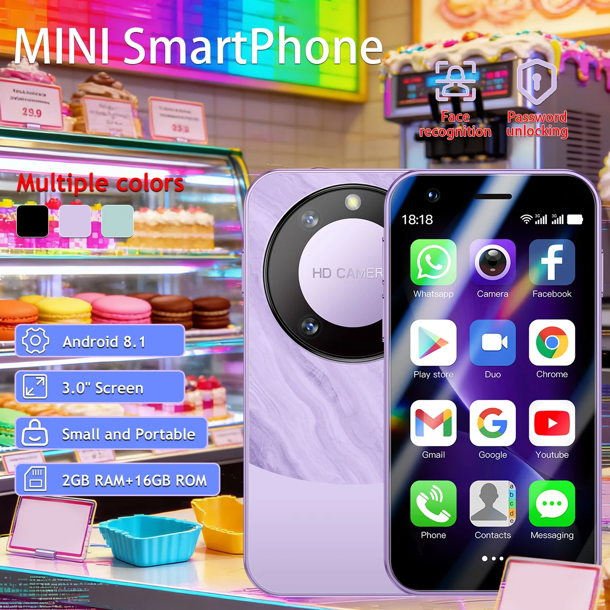 F8PROMAX Mini Android Smartphone, Dual SIM, 2+16GB Memory, Android 8.1, WiFi Connectivity, Full Network Compatibility