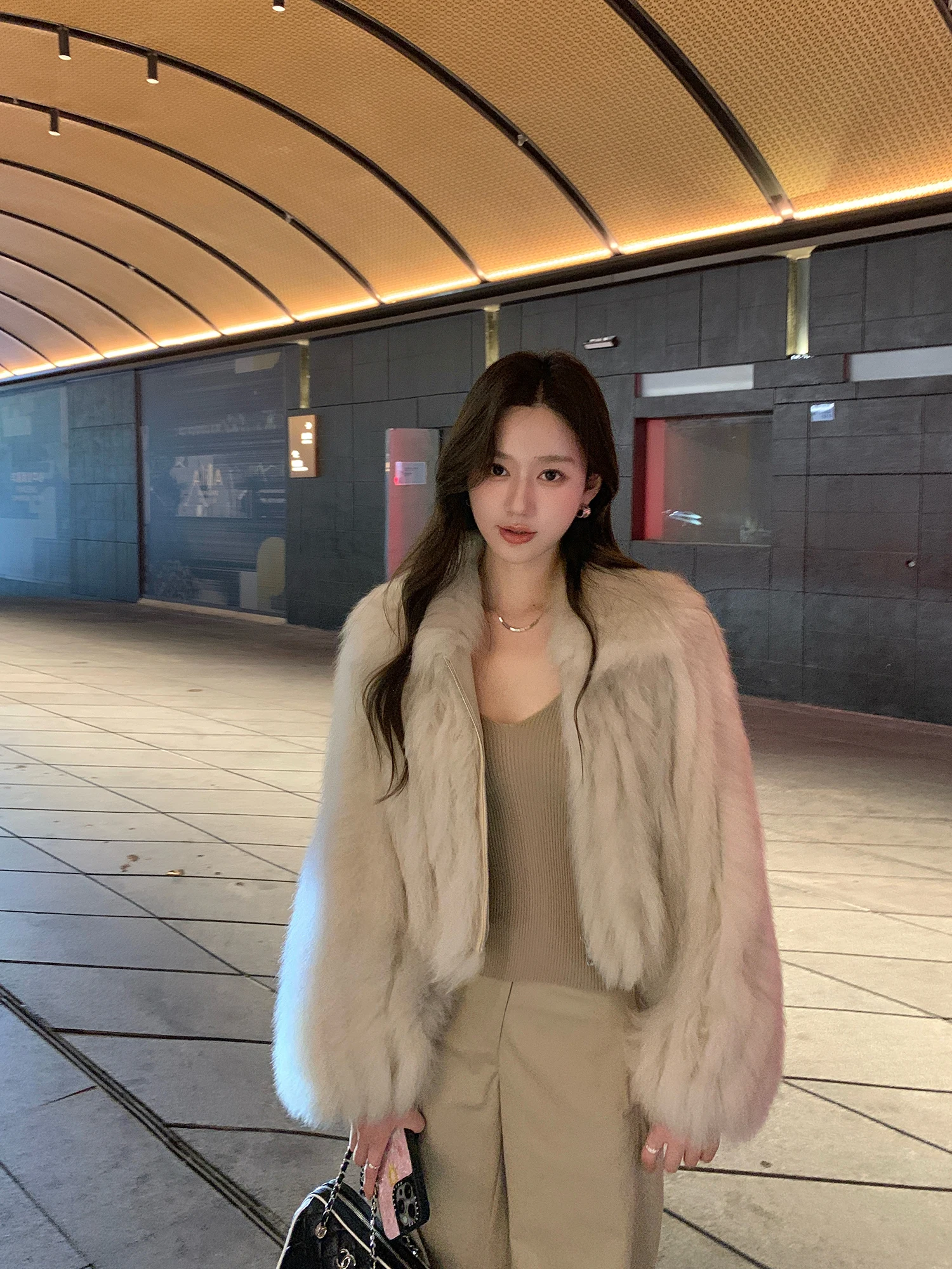 

LM ort Fur Trim Car Coat Women's Faion Slim Fit Autumn Winter New Sle Korean Version Stand Edition Zipper Clo...