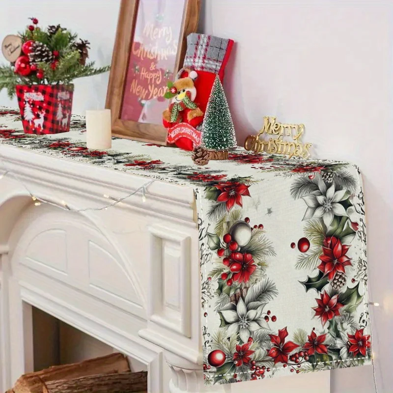 1pc Cozy Gingerbread Christmas Table Flag with Red Poinsettia Vase, for Family Gatherings and Festive Parties