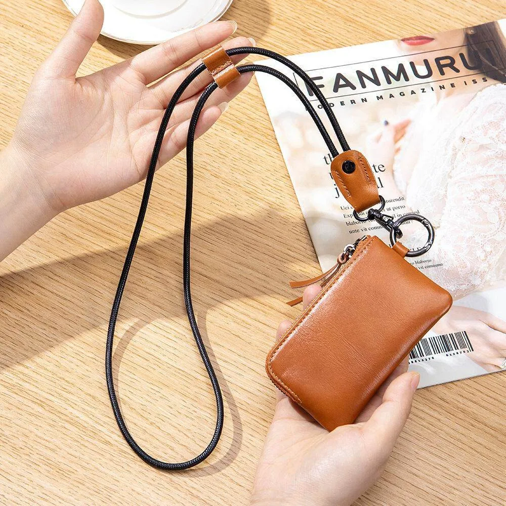 Vintage Men's Top Layer Leather Neck Hanging Coin Purse Small Genuine Leather Black Card Holder with Key Ring Compact EDC Pouch