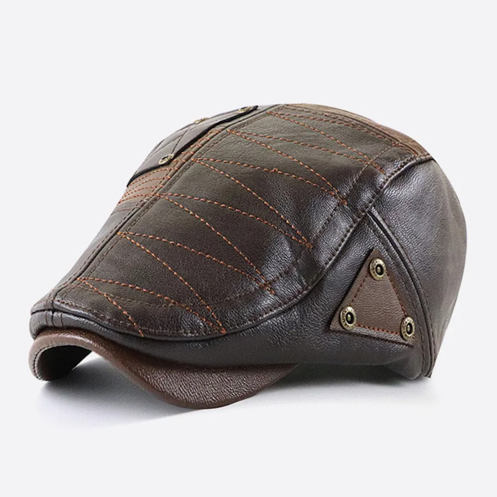 PU Leather Flat Gatsby Driving Hat Contrast Color Stitched Flat Cap Adjustable Newsboy Cap Stitch Cabbie Beret Hat