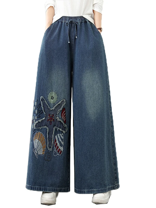 

Широкие джинсы с вышивкой в стиле ретро, женские свободные прямые повседневные брюки, весна 2025, новинка 202, с эластичной резинкой на талии, большие размеры