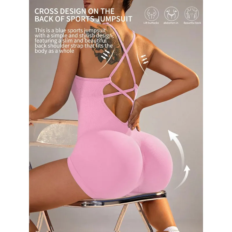 CZGUKEWomen's Sexy Fitness Jumpsuit Cross Adjustable Sports Playsuit One Piece Yoga Suit with Scrunch Shorts And Backless Design