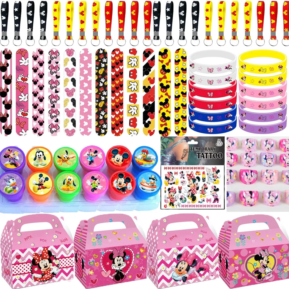 Mickey Mouse Party Favors Cartoon Minnie Mickey Slap Bracelets Headbands Stickers Keychains Gift Bags Kids Birthday Classroom