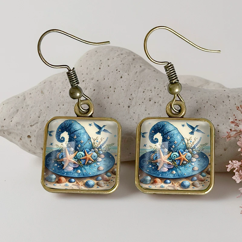 2025 New Starfish Witch Hat Square Earring Retro Glass Dangle Earrings Handmade Jewelry Gift