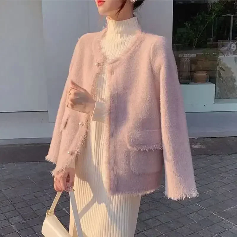 Korejepo Pink Sweater Coat 2024 Autumn Winter New Celebrity Imitation Mink Fleece Fashion Clothes Versatile Knitted Cardigan