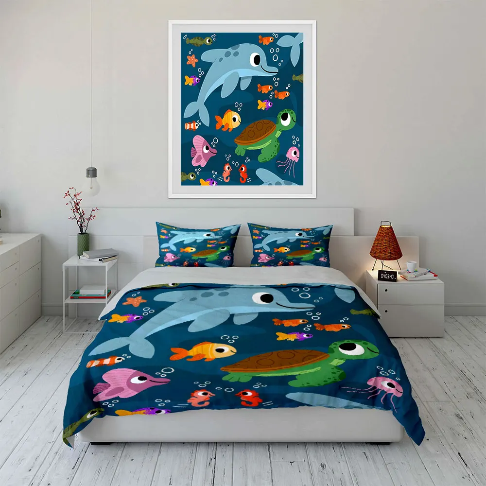 Cartoon marine animals illustration Print Soft Comfortable Duvet Cover Bedding Set Included 1*Duvet Cover  2*Pillowcases