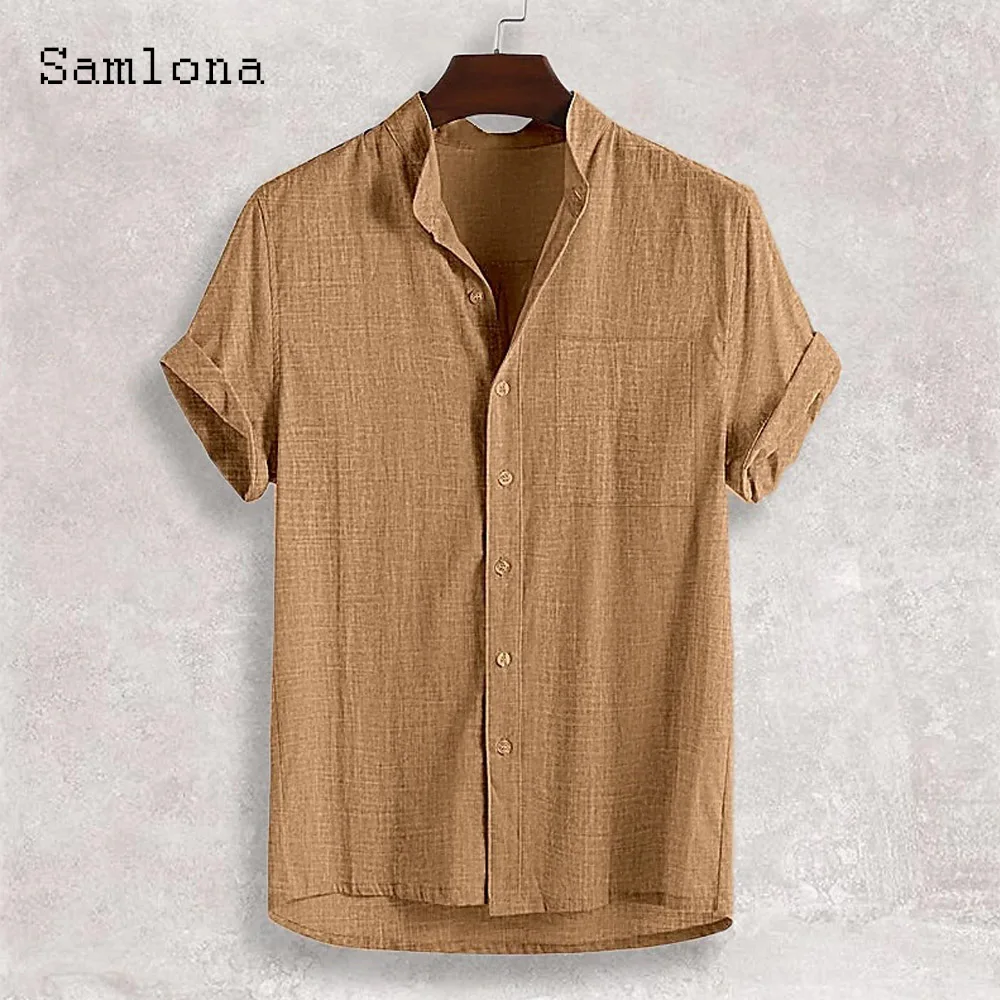 الرجال قصيرة الأكمام مجلس قميص الملابس 2025 جديد الصيف ياقة بلوزة الصلبة الأخضر الكتان حجم كبير قمصان رجالي عادية الشاطئ