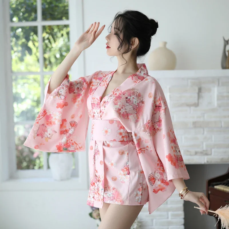 Sakura girl kimono dress Japanese style yukata bathrobe women floral print haori Japan uniform cosplay costume party short gown