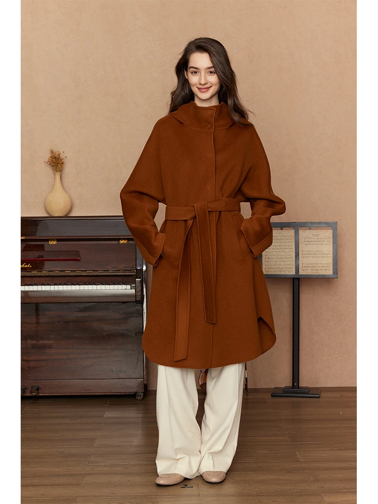 French Hepburn Style Caramel Cashmere Hoodie Coat Women Medium Long Length Slimming Fit High-end Hooded Woolen Overcoat Jacket