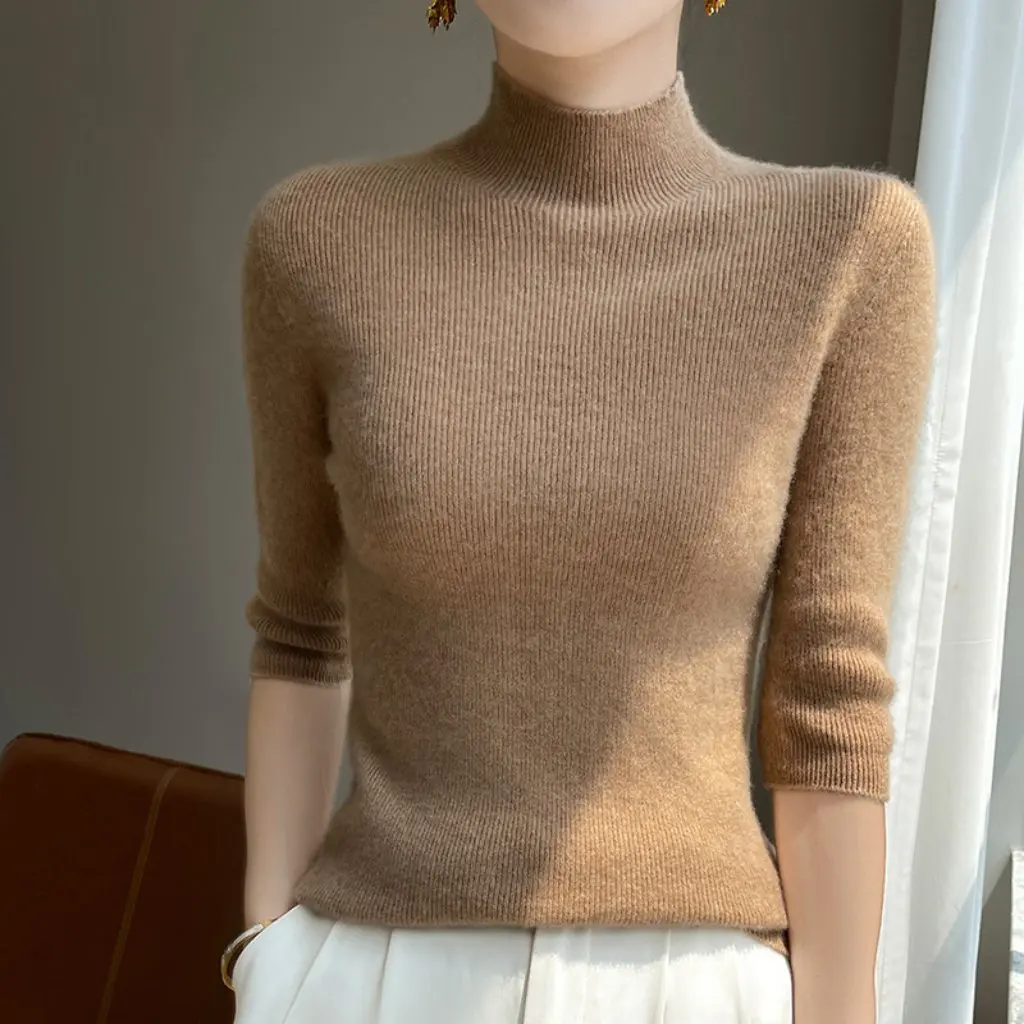

Women's Slim-Fit Half-High Neck Base Shirt Half-Sleeve Solid Color Sweater Mid-Sleeve Top for Spring And Autumn