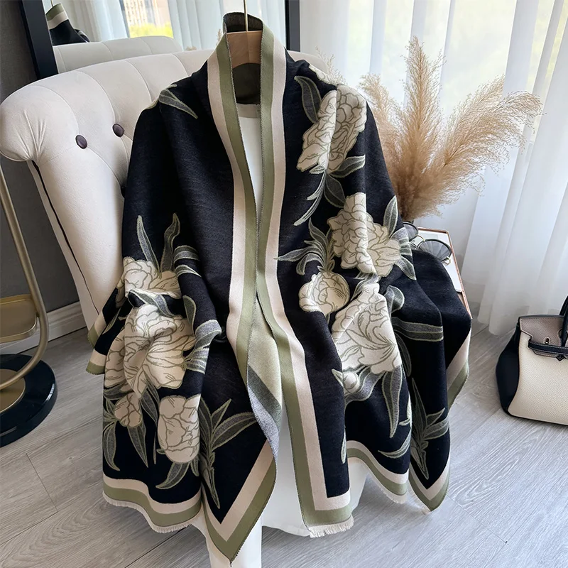 New Luxury Hydrangea Winter Two-Sided Cashmere Jacquard Scarves High Quality Women Thicken Wrap Shawl Ladies Wool Pashmina Scarf