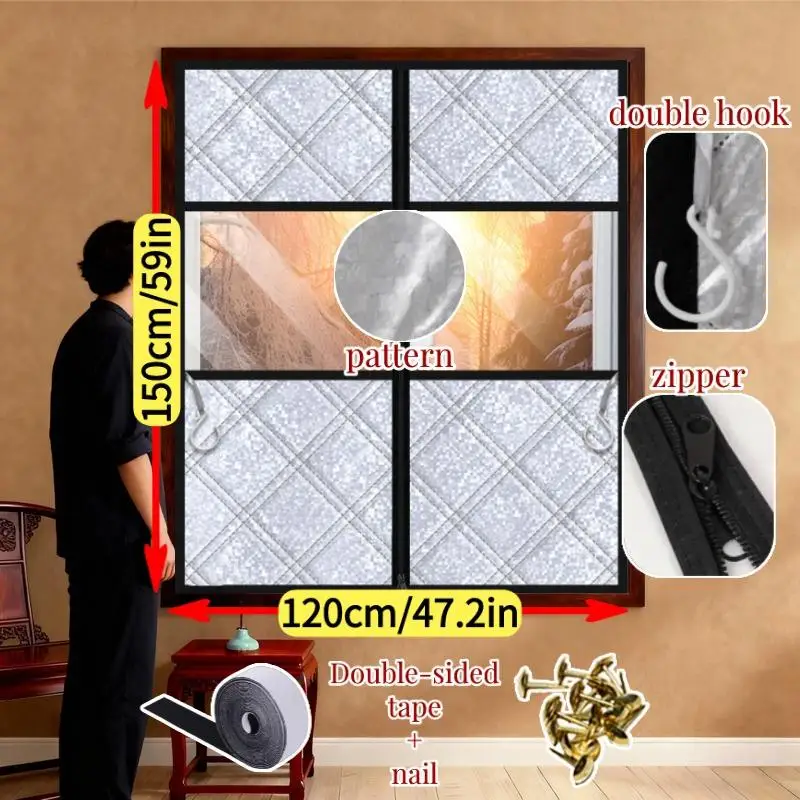 1pc No Nail Installation Aluminum Foil Oxford Cloth Window Curtain, Windproof Insulated Sealed Partition Curtain