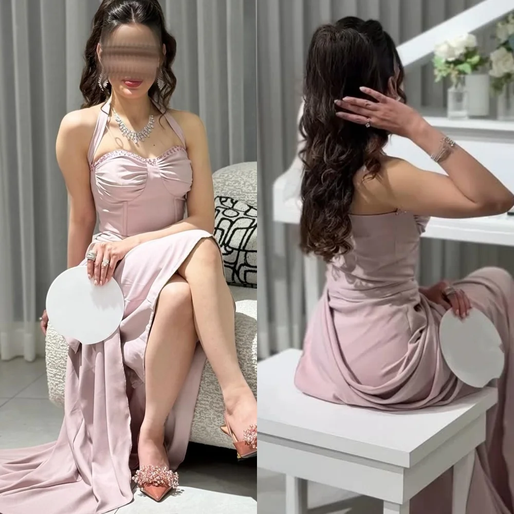 

Customized High Quality Classic Jersey Rhinestone Pleat A-line Halter Tea Length Dresses Bespoke Occasion Dresses Fashion Formal