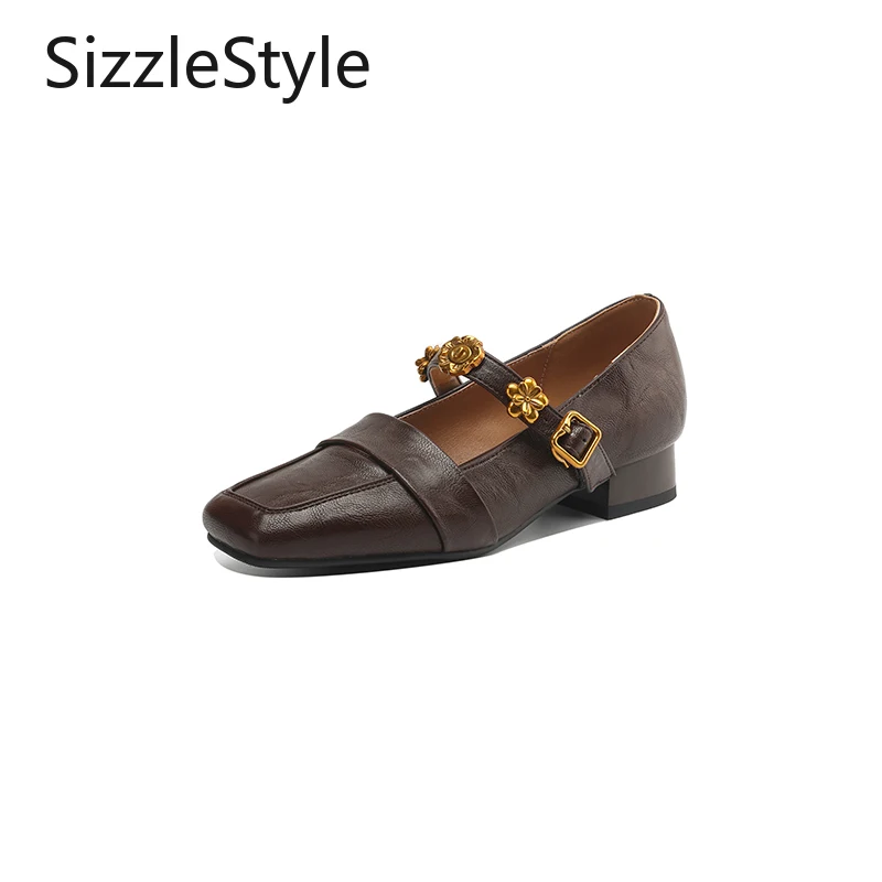 حذاء نسائي عصري بمقدمة مربعة وقصة ضحلة وحزام بإبزيم وديكور مريح بكعب منخفض حذاء ماري جين #1