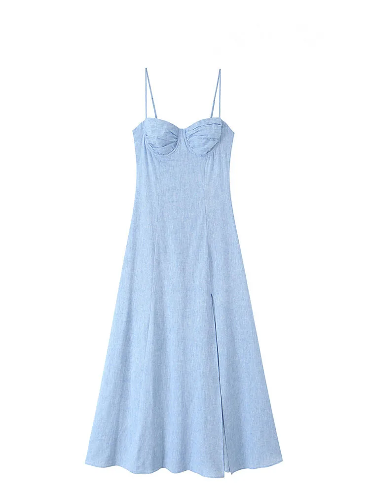 Hh moda feminina zíper linho misturado estilingue midi vestido de verão feminino sexy casual sem costas estilo espartilho vestido de bainha dividida mujer