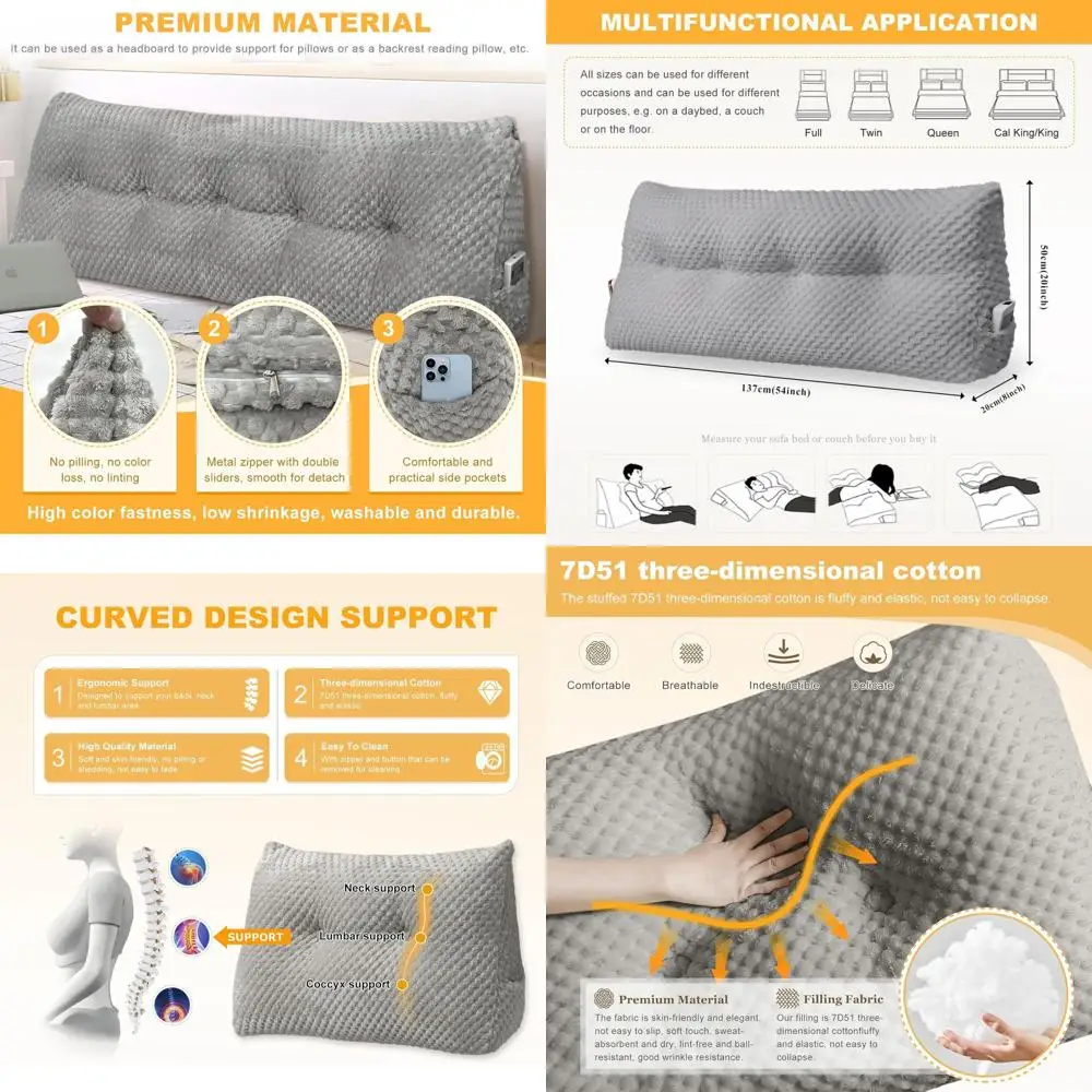 

Full Size Soft & Supportive Triangular Headboard Bolster Cushion with Removable Cover, Light Gray, 54x8x20 inches