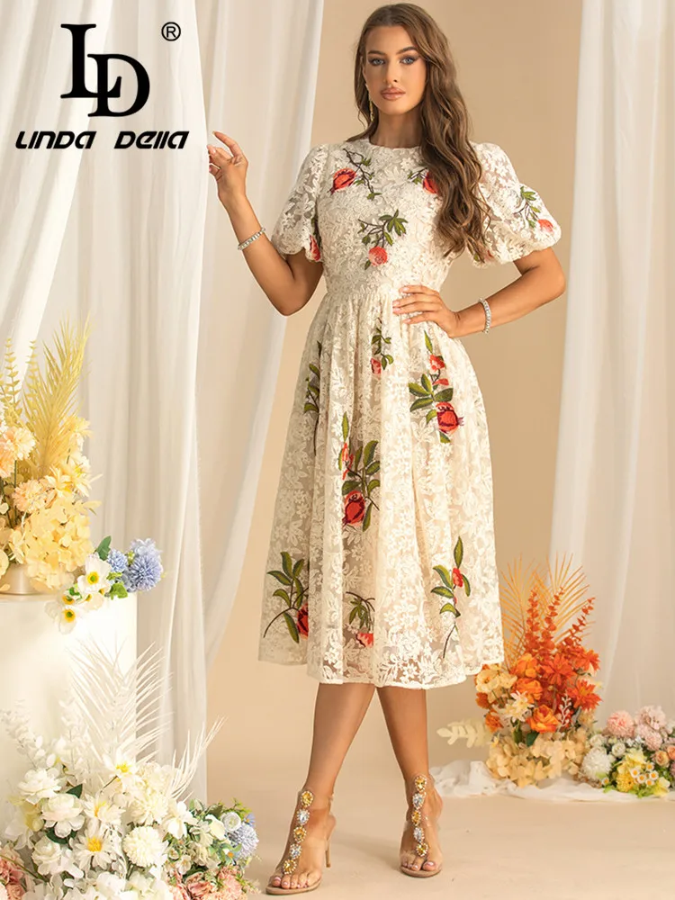 LD LINDA DELLA New style Embroidery Design Women\'s Dress Puff Sleeve High waist Autumn Large swing Ball Gown Dresses