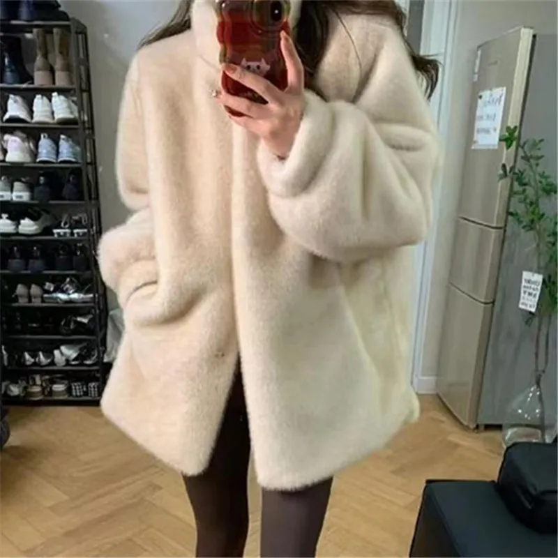 Faux Mink Fur Coat for Women,Covered Button Jackets,O-Neck Overcoat, Female Clothes, Winter,New, 2024