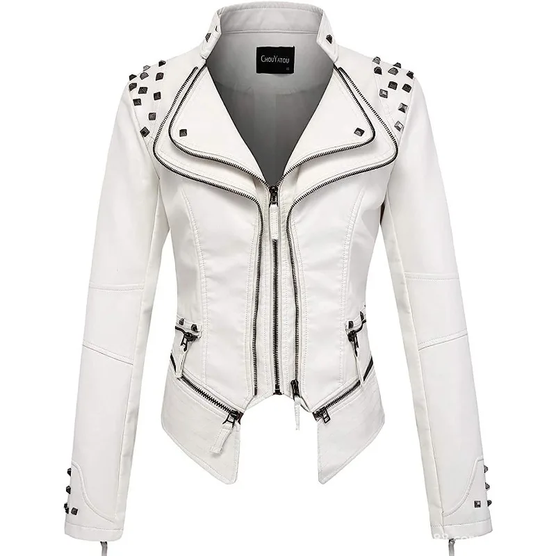New Arrival: Unique White Suit Collar Women's Jacket—Slim-Fit Short-Length Fashionable Women's PU Leather Jacket