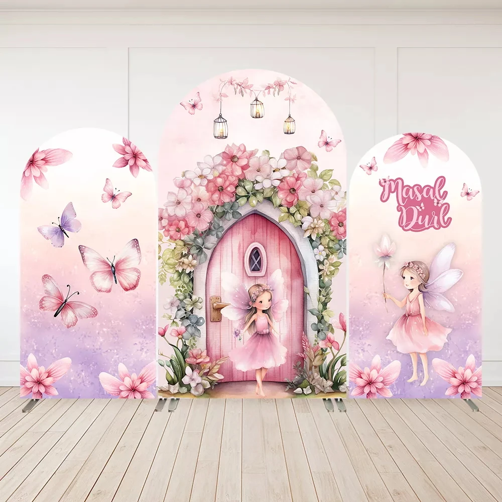 LS Custom 2-Sided Pink Door Fairy Tale Girl Princess Birthday Party Baby Shower Cover Chiara Arch Background Decor Backdrop