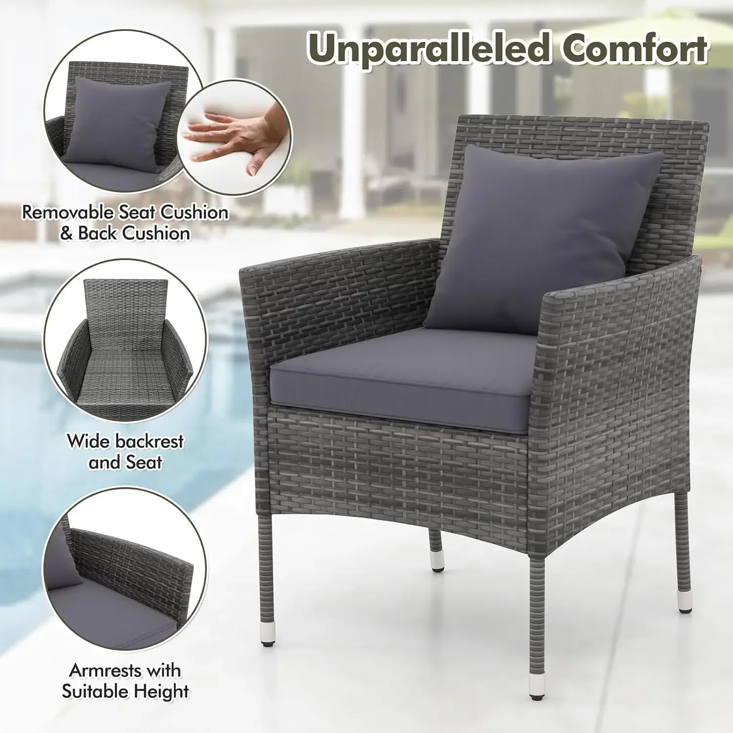 USA StockWicker Patio Furniture Set 3 Piece, Small Outdoor Table & Chairs with Tempered Glass Tabletop, Cushions, Rattan Convers