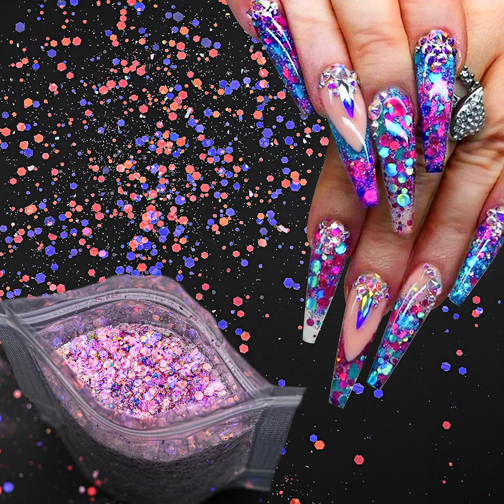 

50g/Bag Holographic Mixed Hexagon Shape Chunky Nail Glitter Silver Sequins Laser Sparkly Flakes Slices Manicure Nails Art Powder