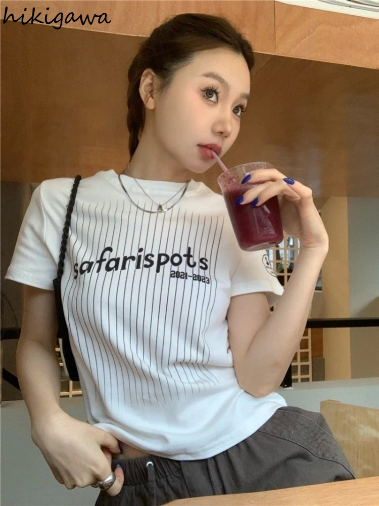 Print Striped Woman Tshirts Summer T Shirts Crop Tops Ropa Mujer O-neck Short Sleeve Fashion Casual Tees 2023 Shirts for Women