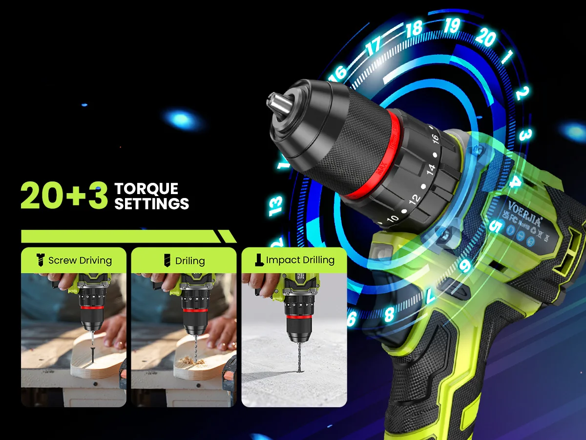VOERJIA 21V Bürstenloser Akku-Bohrschrauber, 750W Elektrobohrmaschine mit 2 Akkus 2000mAh, 20+3 Drehmoment-Akku-Bohrmaschine, 3/8" Bohrfutter, 60N. – Detail 5