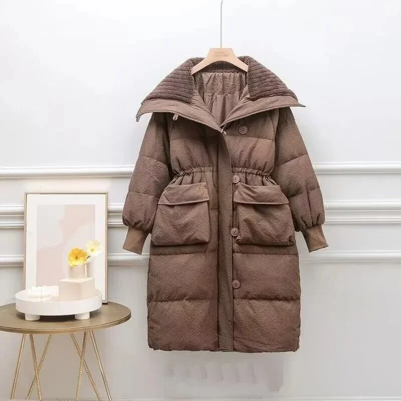 Winter Female Big Collar Cotton Padded Coat Korean Lady Long Sleeves Puffer Jacket Women Medium Long Styles Down Cotton Outwear