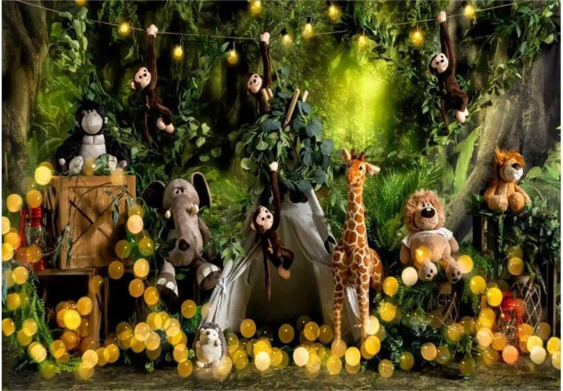Décors de photographie de fête d'anniversaire d'animaux du zoo, décoration de taches de phare de forêt de printemps, bannière de fond de singe pour des enfants