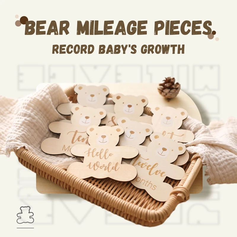 Wooden Baby Milestone Baby Birth 0-12 Month Number Cartoon Bear Commemorative Milestone Souvenir Newborn Photogroph Accessories