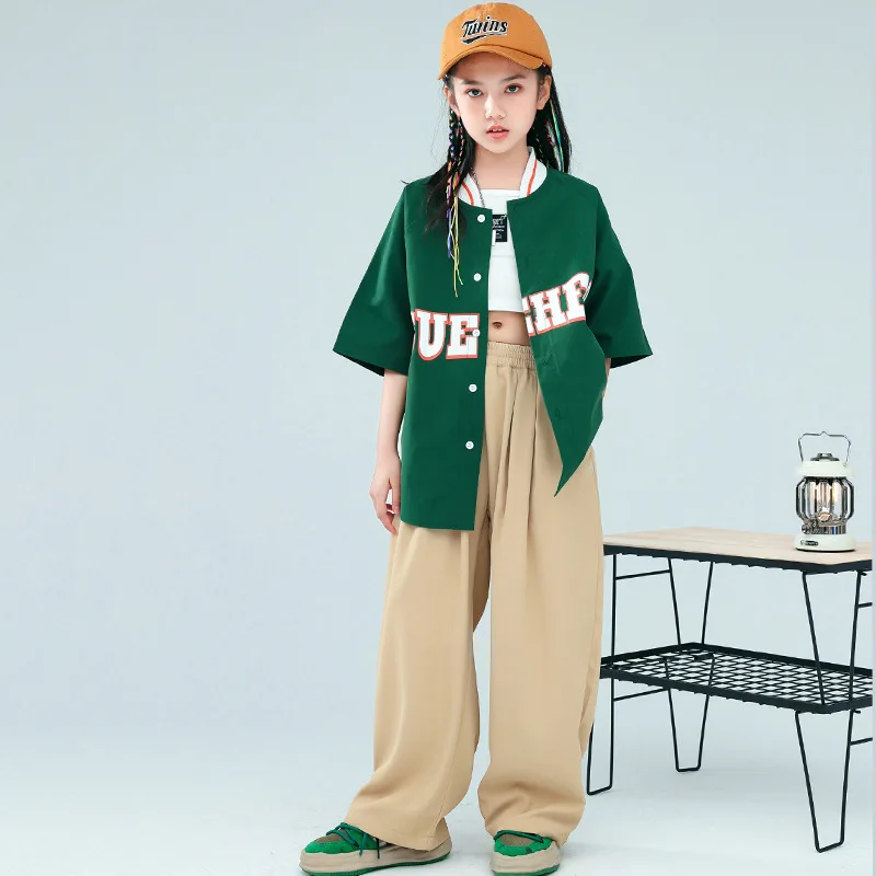 Kid Hip Hop Clothing Dark Green Oversized Cardigan Baseball Shirt Top Khaki Wide Casual Pants for Girl Boy Dance Costume Clothes