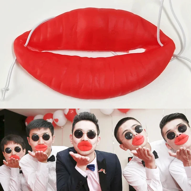 Red Sausage Wide-mouth Prank Halloween Game Props Funny Full sausage-like Mouth PVC Face Mask 2026 Festival Party 4PCS