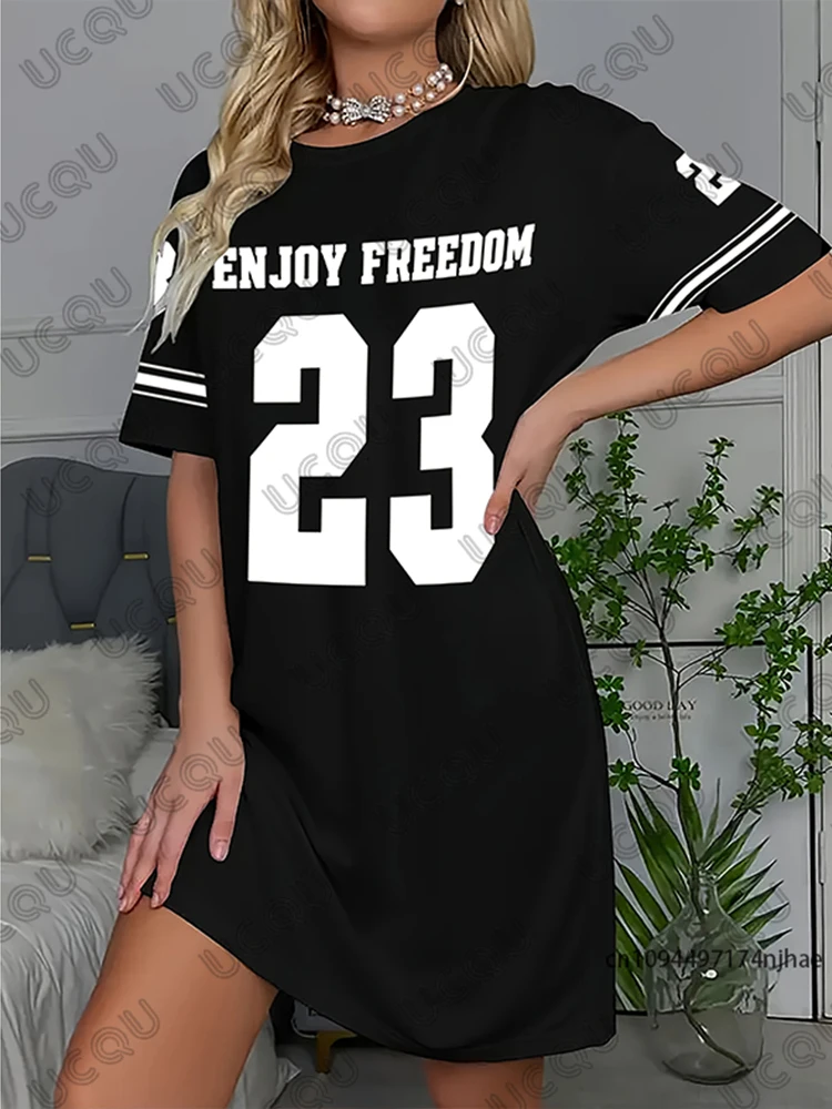 2025 verão novo preto desfrutar liberdade 23 impresso feminino manga curta camiseta vestido hawaii férias casual esportes moda vestido