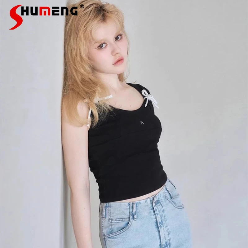 

Japanese Style Y2k Slimming Camisoles Shoulder Bow Elastic Sleeveless Short Top Vest Pullover Black White 2 Colors Can Choose