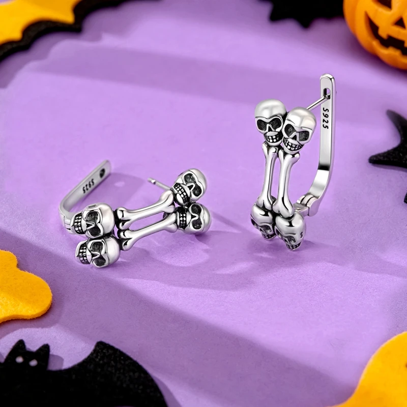 New 925 Sterling Silver Double Skull Bone Hoop Earrings For Women Fine Halloween Jewelry Gifts