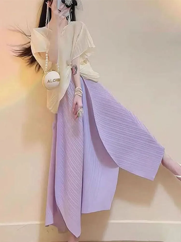 

Шикарный летний комплект: топ с коротким рукавом и плиссированная юбка-полусолнце, женская модная одежда из мягкого полиэстера с круглым вырезом, повседневный стиль