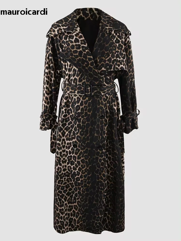 Mauroicardi Spring Extra Long Oversized Flowy Thin Soft Colorful Leopard Print Trench Coat for Women Luxury Designer Clothes