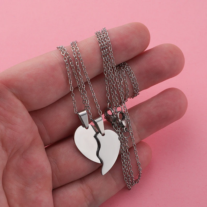 Fnixtar 5Pairs/Lot Broken Heart Stitching Pendant Necklace Mirror Polish Stainless Steel Heart DIY Custoimz BFF Necklaces