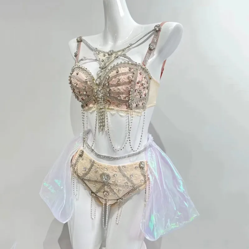 バーナイトクラブポールダンスコスチューム光沢のあるラインストーンチェーンタッセルビキニレイブ衣装音楽祭クラブパーティーショー服