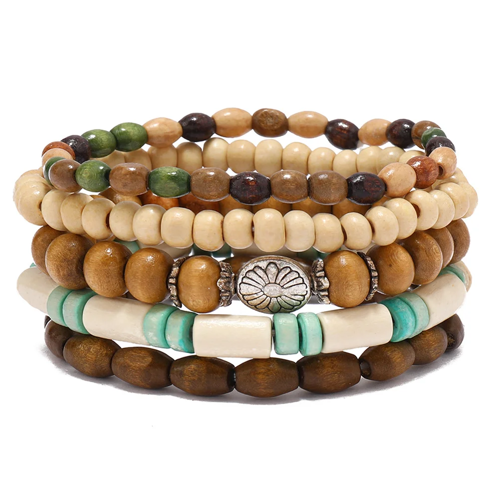 Vintage kruis meerlaagse kralen houten kralen herenarmband meerdelige set armband
