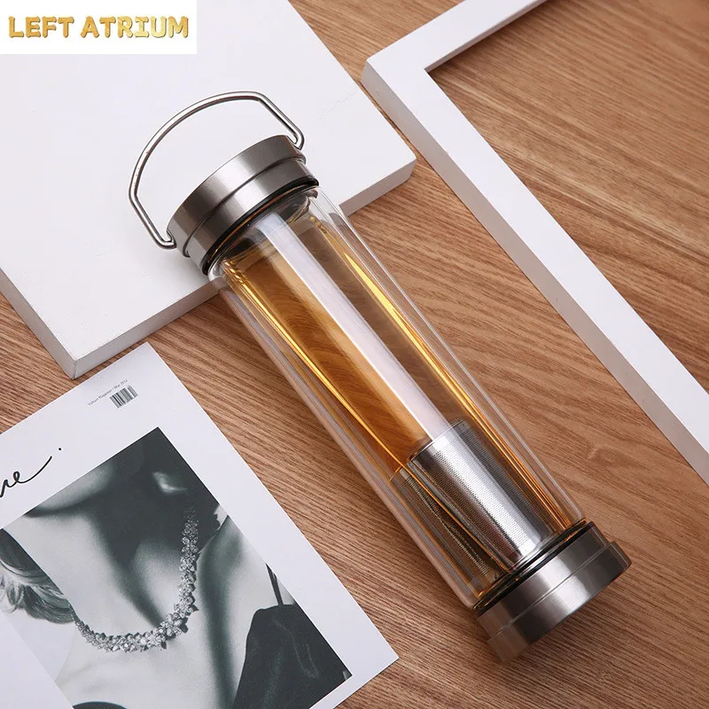300ML 400ML Glass Water Bottle Glass Bottle with Stainless Steel Tea Infuser Filter Tea Separator Drinking Travel Glass Bottle