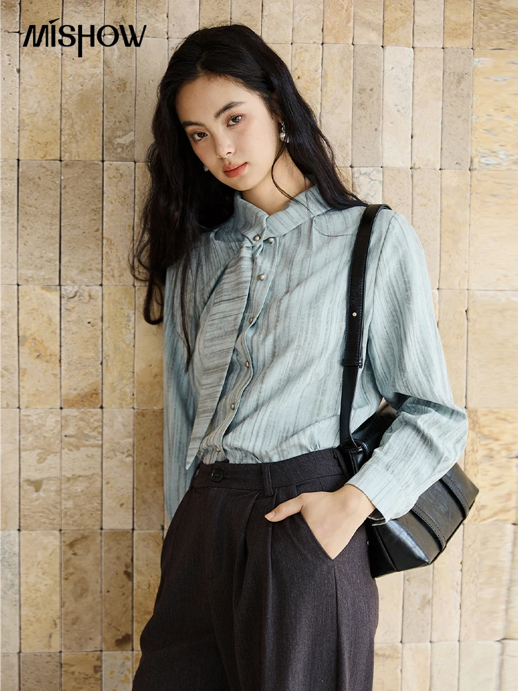 

MISHOW French Striped Long Sleeved Shirt for Women Autumn 2025 Ribbons Neck Chic Top Metal Single Breasted Shirts MXE46C2415