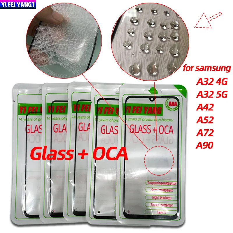 LCD Front Outer Glass for Samsung Galaxy A21S, Holes, Lens Glass with OCA Glue, 10 PCs/Lot, A32, A42, A52, A72, A90