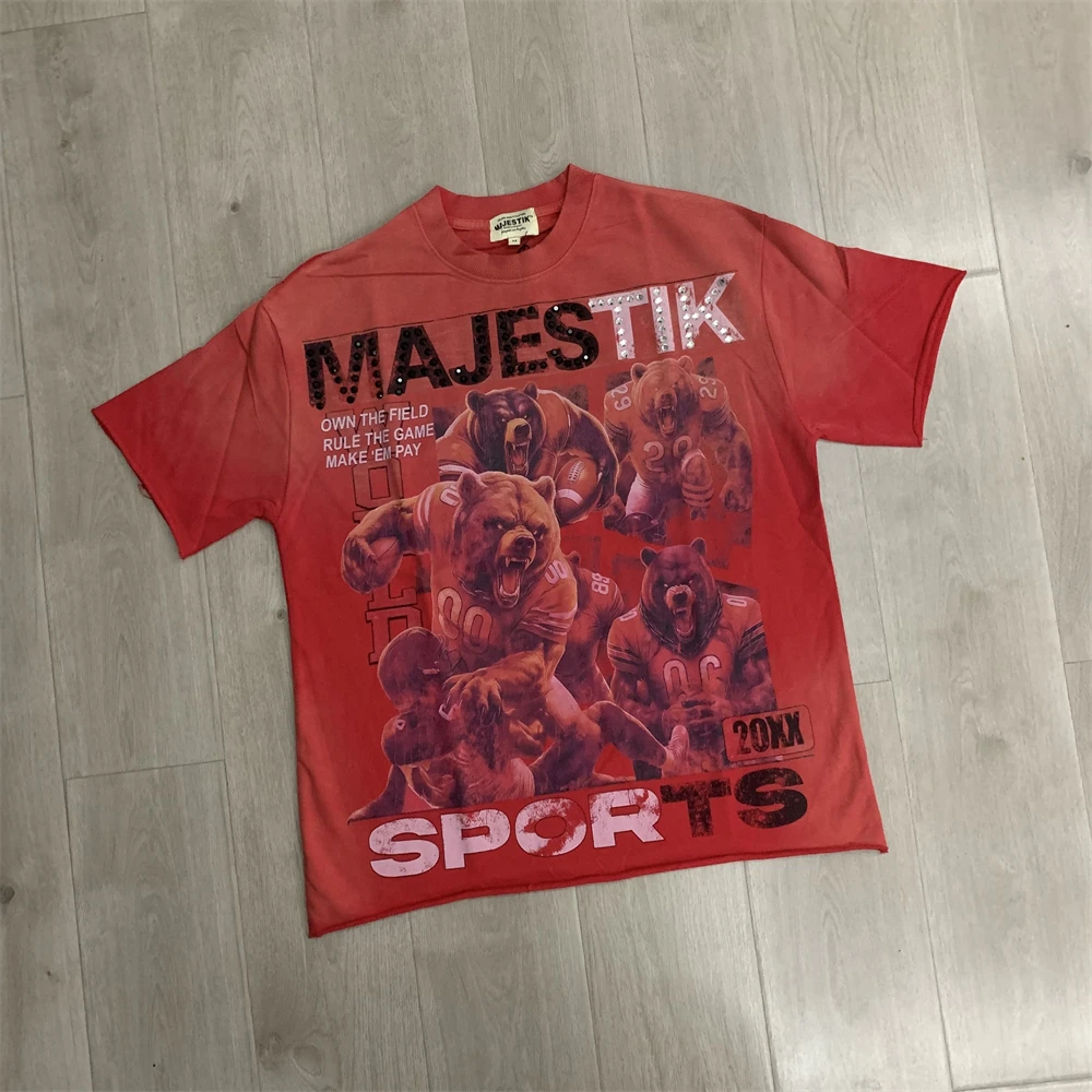 Washed Red MAJESTIK Diamond T-shirt For Men Women Best Quality Heavy Fabric Unisex Brown Bear Rugby Print Tops Tee T Shirt