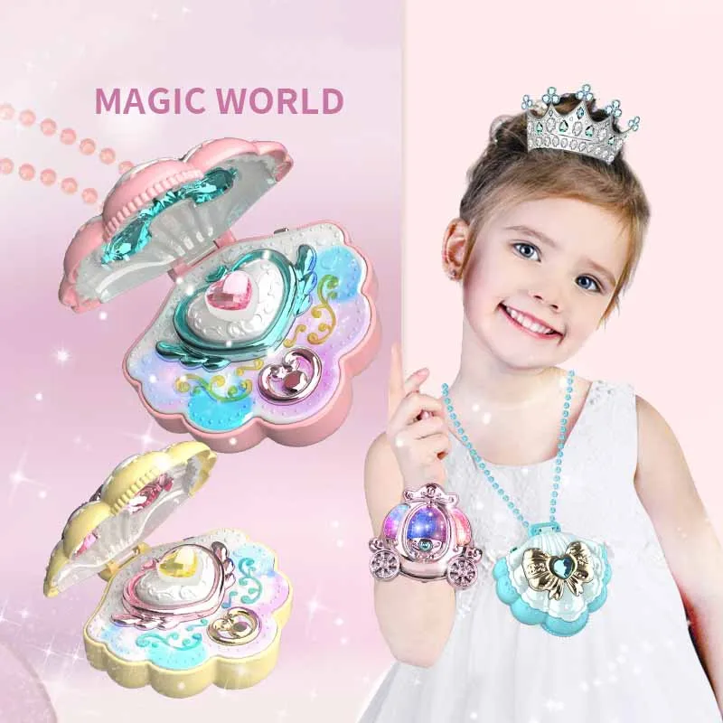 Cute Shell Magic Princess Necklace Umpkin Bracelet Jewelry Colorful Lights Magic Music Girls Play House Light-emitting Toy Gifts