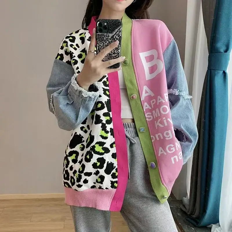

Autumn and Winter Europe and America Knitted Cardigan Contrast Color Cowboy Montage Leopard Print Jacquard Sweater Trend Comfort