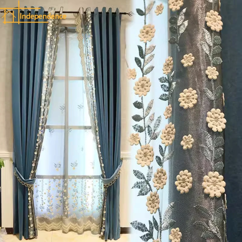 New French Light Luxury Blue-gray Embroidered Window Screen Spliced Velvet Curtains Custom Windows for Living Room and Bedroom